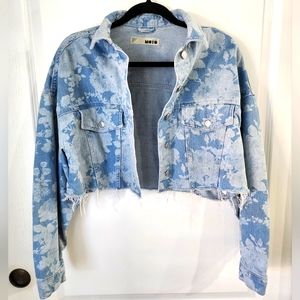 Topshop Moto Cropped Denim Jacket with Floral pattern